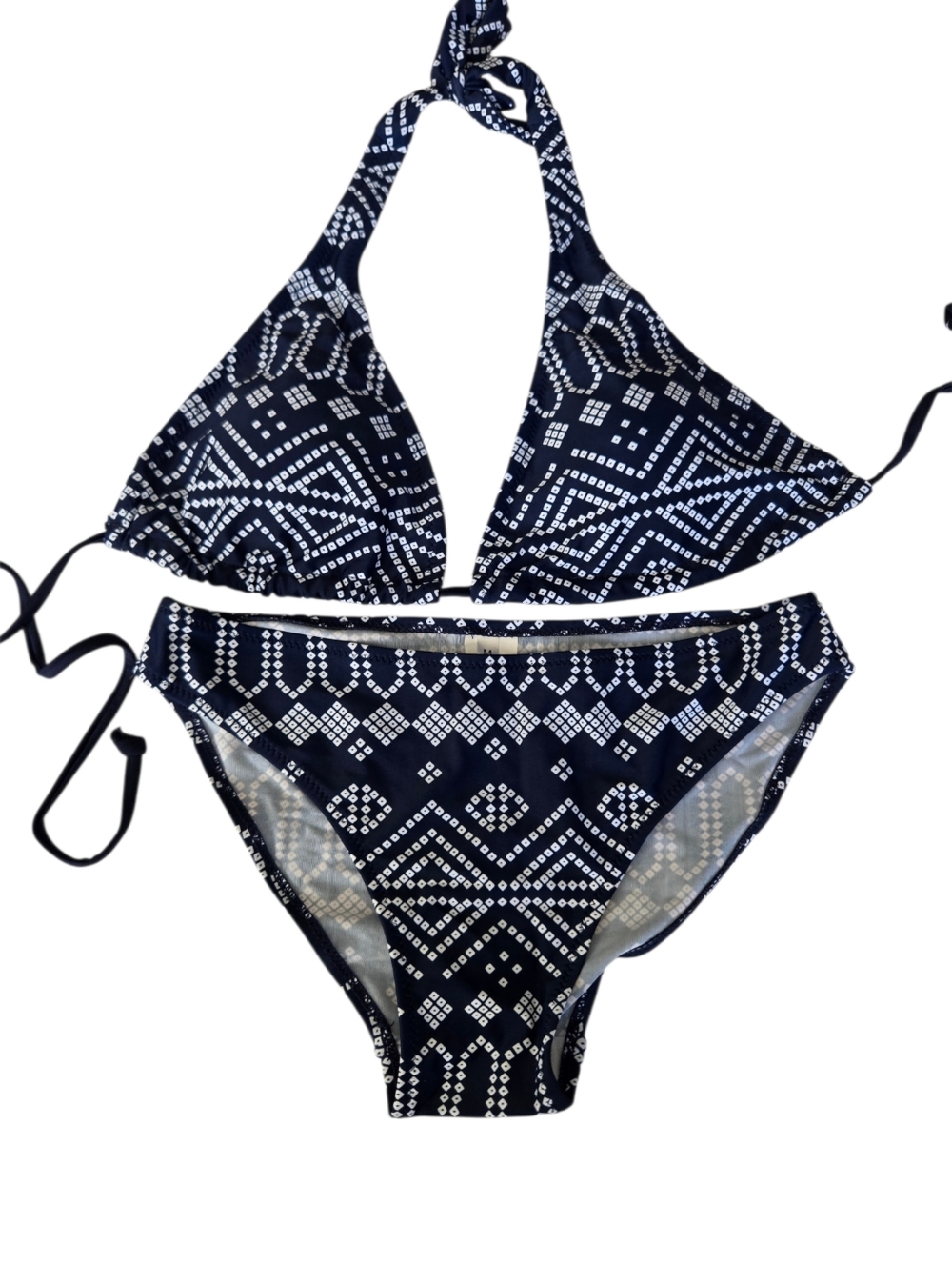 Navy Blue Printed Bikini Set Size M | Halter Top & Ruched Bottoms